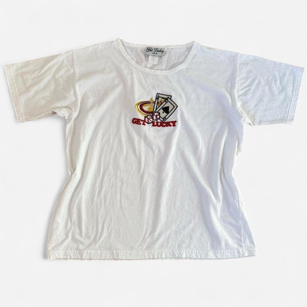 Vintage 90s "Get Lucky" Las Vegas Casino Gambling White Embroidered T-shirt